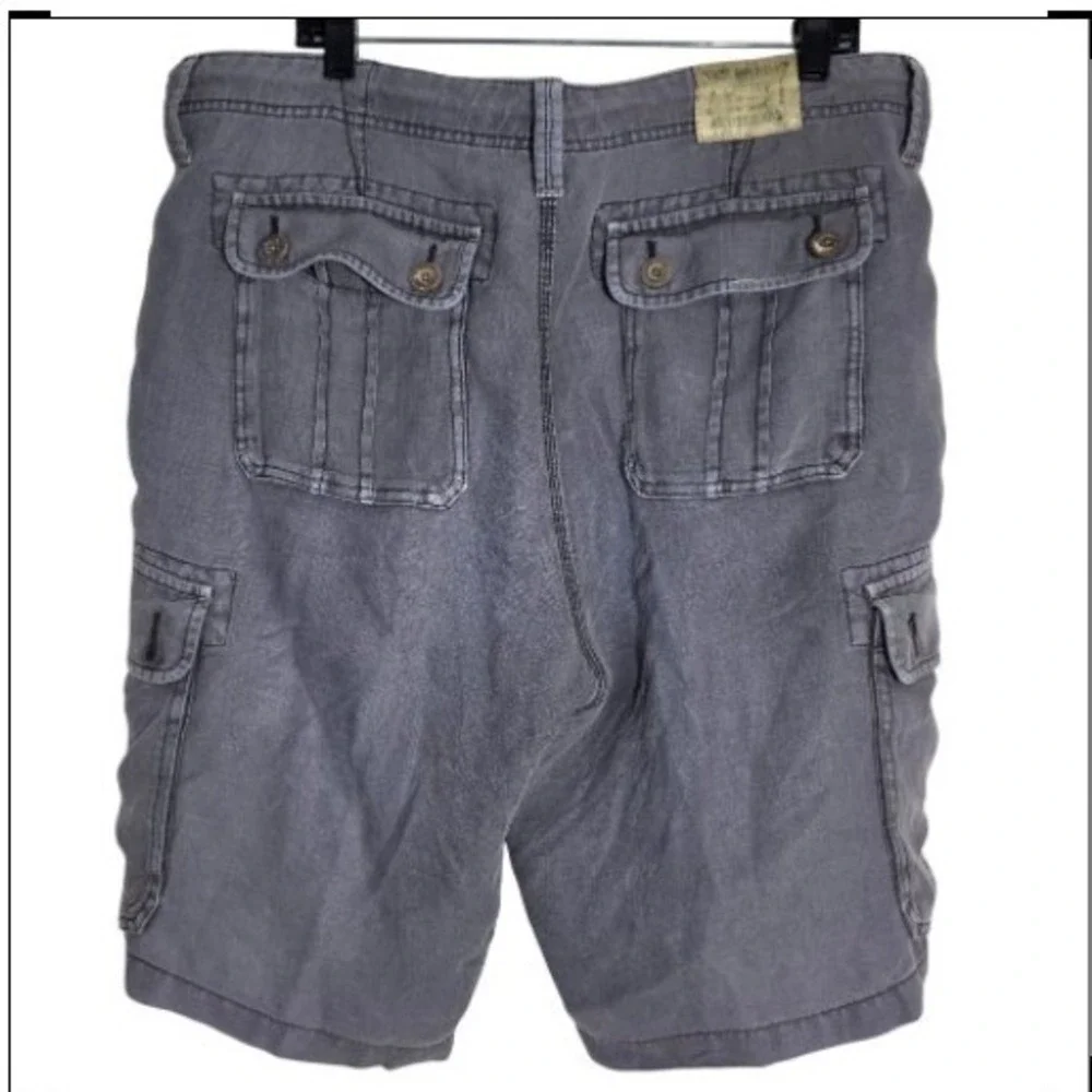 True Religion Vintage 100% Linen Cargo Shorts Mens 36 Charcoal Gray Utility Good